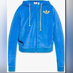 Adidas Womens Small Velour Full Zip Hoodie Heritage Blue All Over Print IB2046